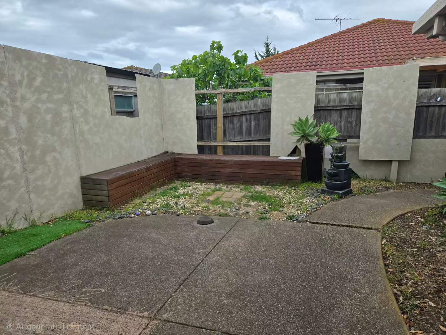 before photo, courtyard with rendered panels and old bench